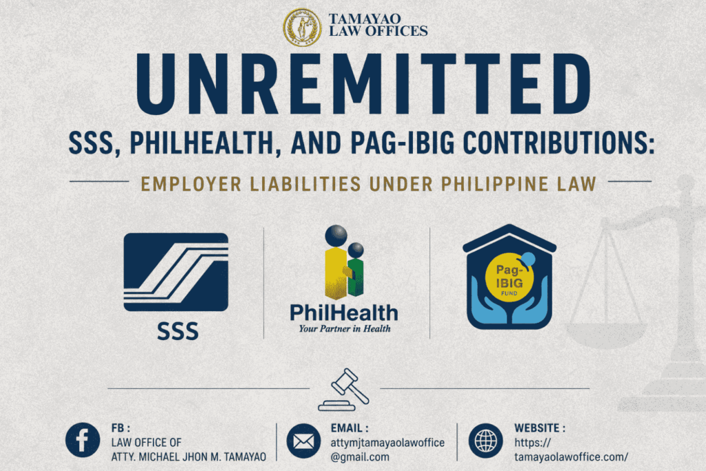 Blog cover on Philippine labor law showing the SSS, PhilHealth, and Pag-IBIG Fund logos with the title 'Unremitted SSS, PhilHealth, and Pag-IBIG Contributions: Employer Liabilities Under Philippine Law.' The minimalist legal-themed design highlights employer obligations to remit mandatory government contributions for employees.